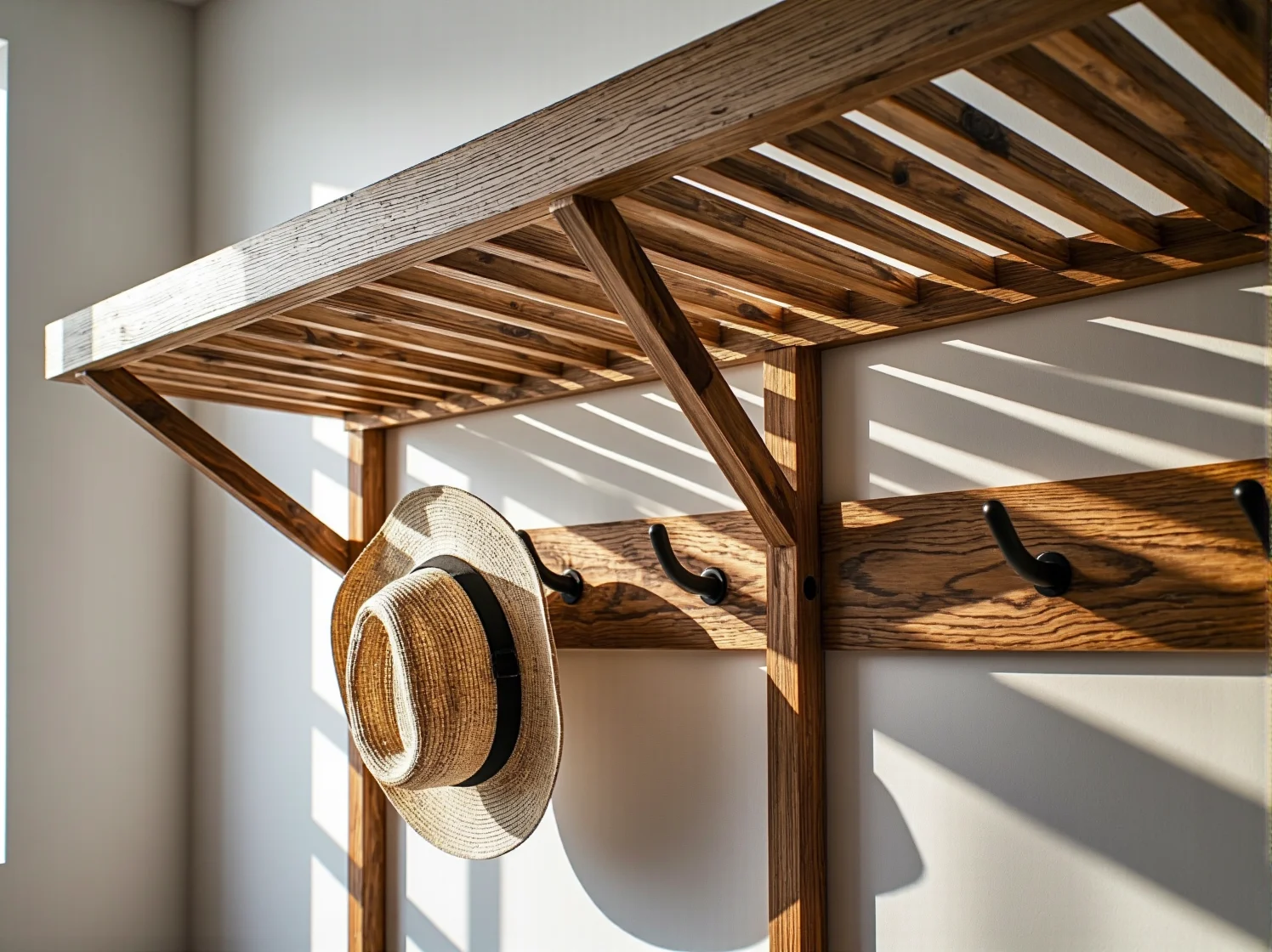 Zbliżenie na drewniany wieszak ścienny z zawieszonymi ubraniami, ukazujące detale wykończenia.