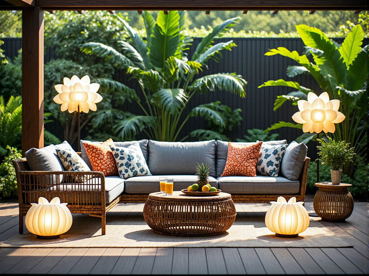 Oczko wodne w stylu tropikalnym z odbijającymi się w wodzie świecącymi kwiatami.