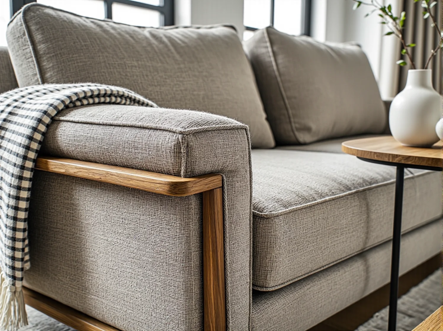 Odkurzanie sofy tapicerowanej specjalną końcówką do mebli w celu usunięcia kurzu