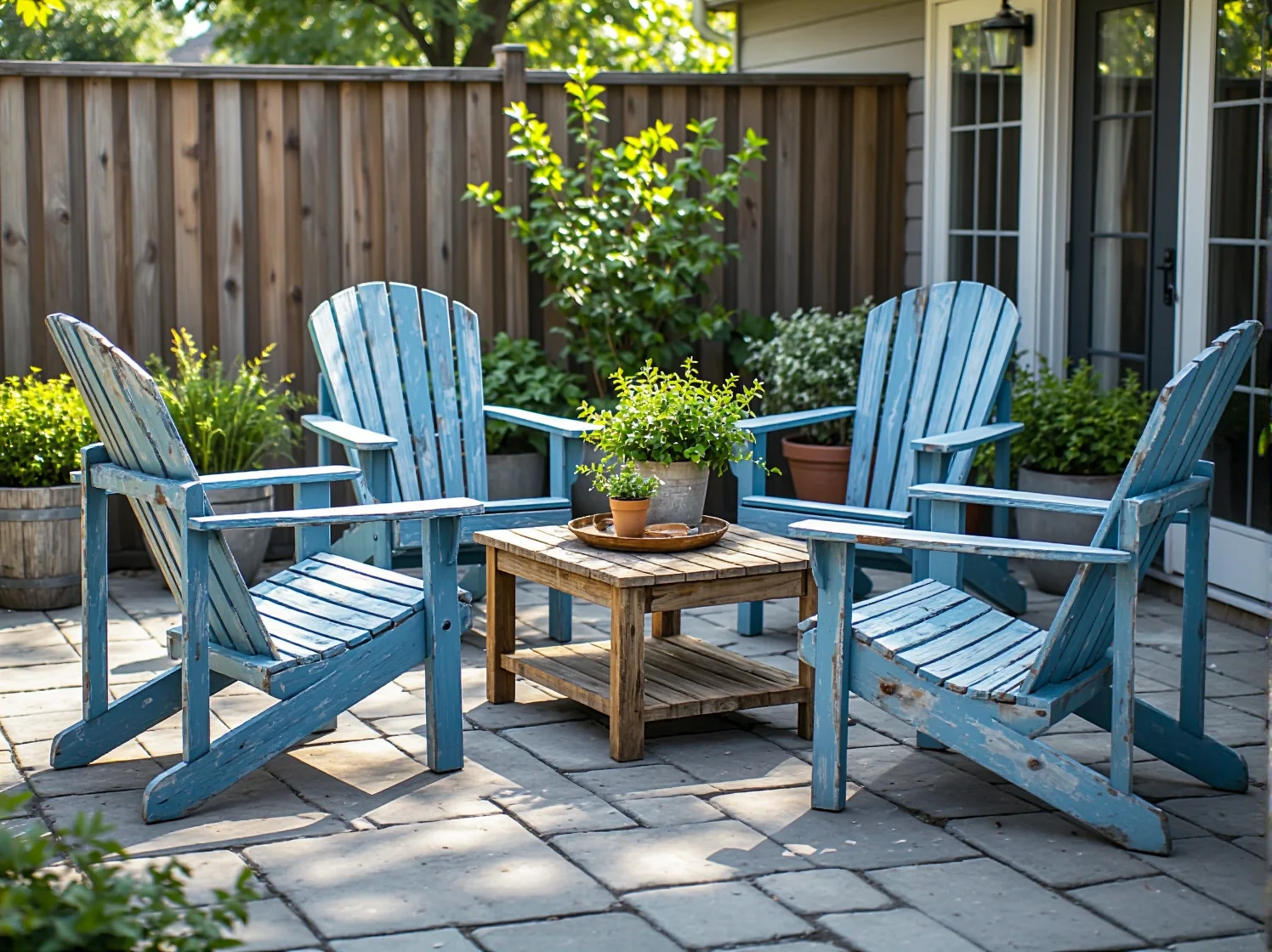Drewniane krzesła ogrodowe Adirondack w kolorze niebieskim z efektem postarzenia