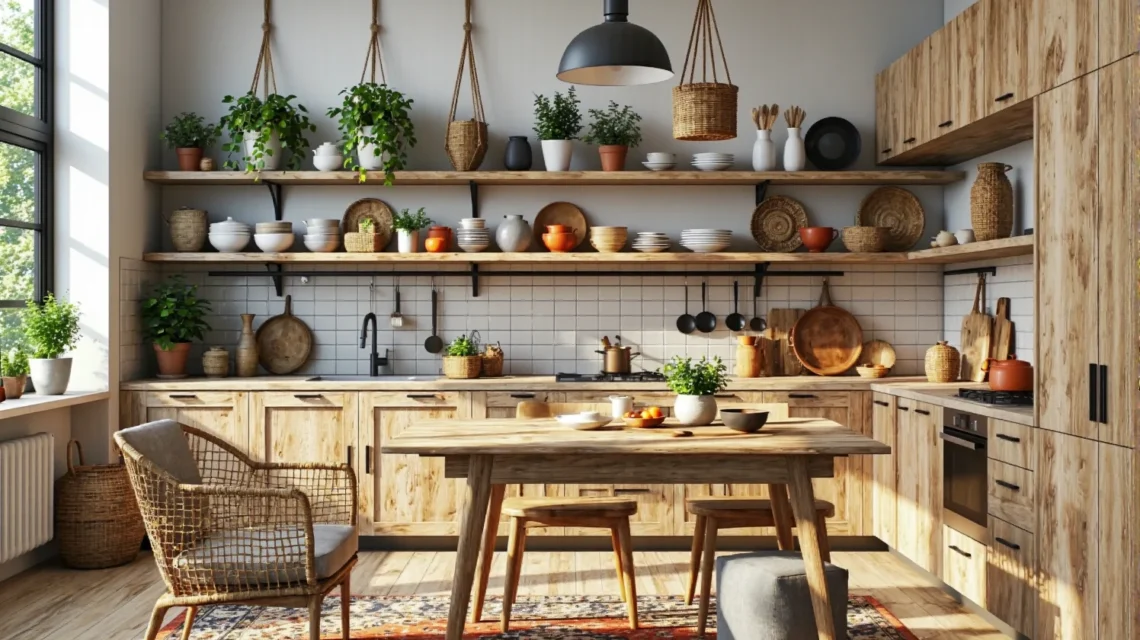 Drewniane szafki kuchenne jasny dąb z otwartymi półkami w stylu boho