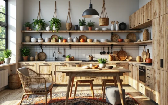 Drewniane szafki kuchenne jasny dąb z otwartymi półkami w stylu boho
