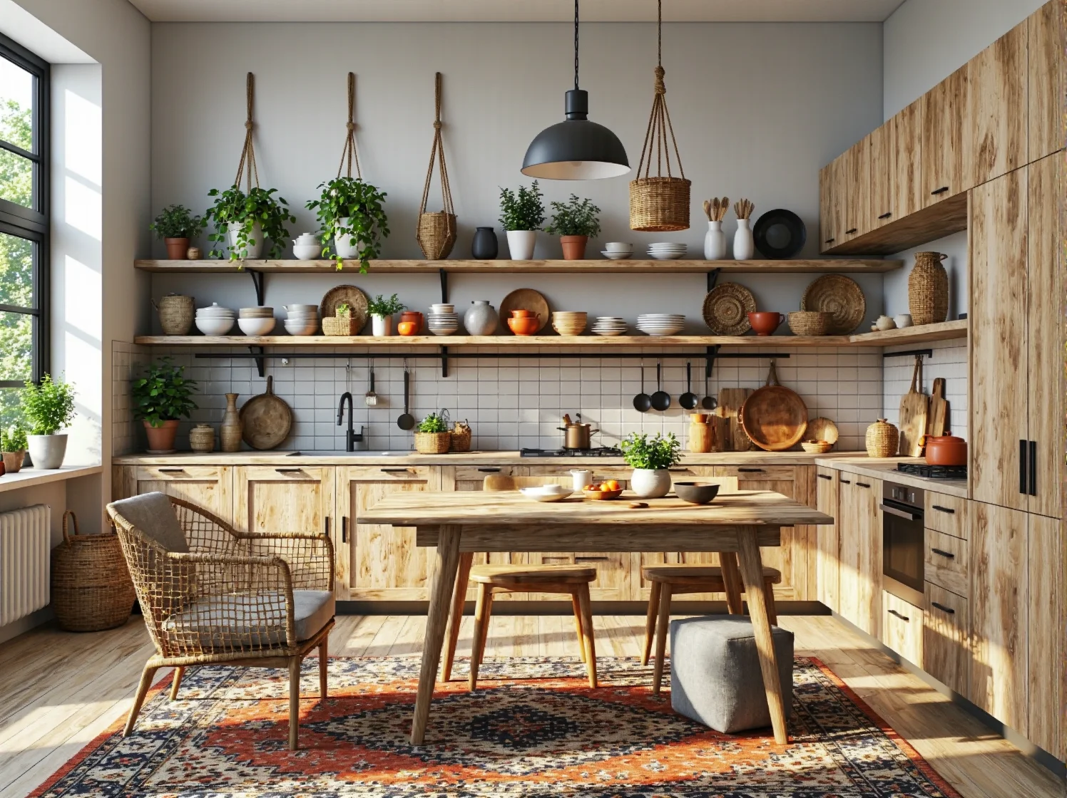 Drewniane szafki kuchenne jasny dąb z otwartymi półkami w stylu boho