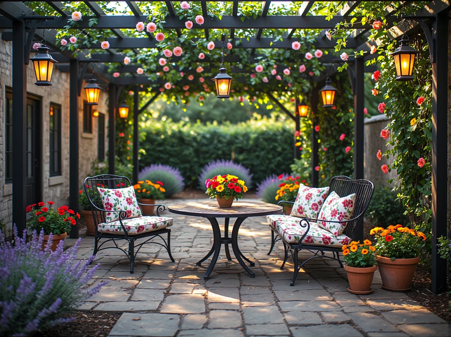 Metalowe meble ogrodowe w stylu retro z lampami LED