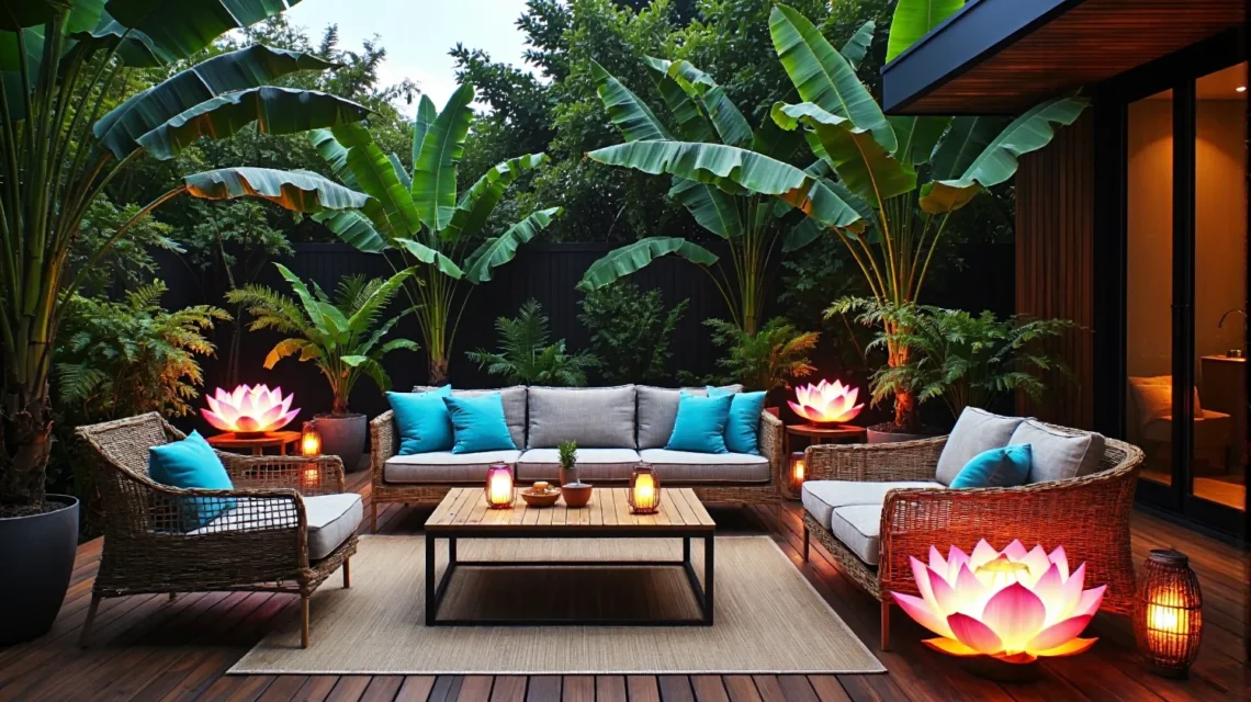 Rattanowy zestaw mebli ogrodowych z szarymi poduszkami i dekoracyjnym oświetleniem