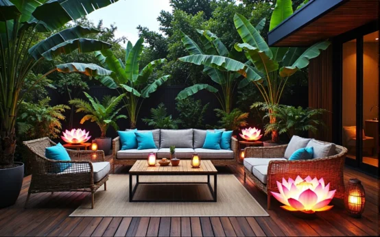 Rattanowy zestaw mebli ogrodowych z szarymi poduszkami i dekoracyjnym oświetleniem