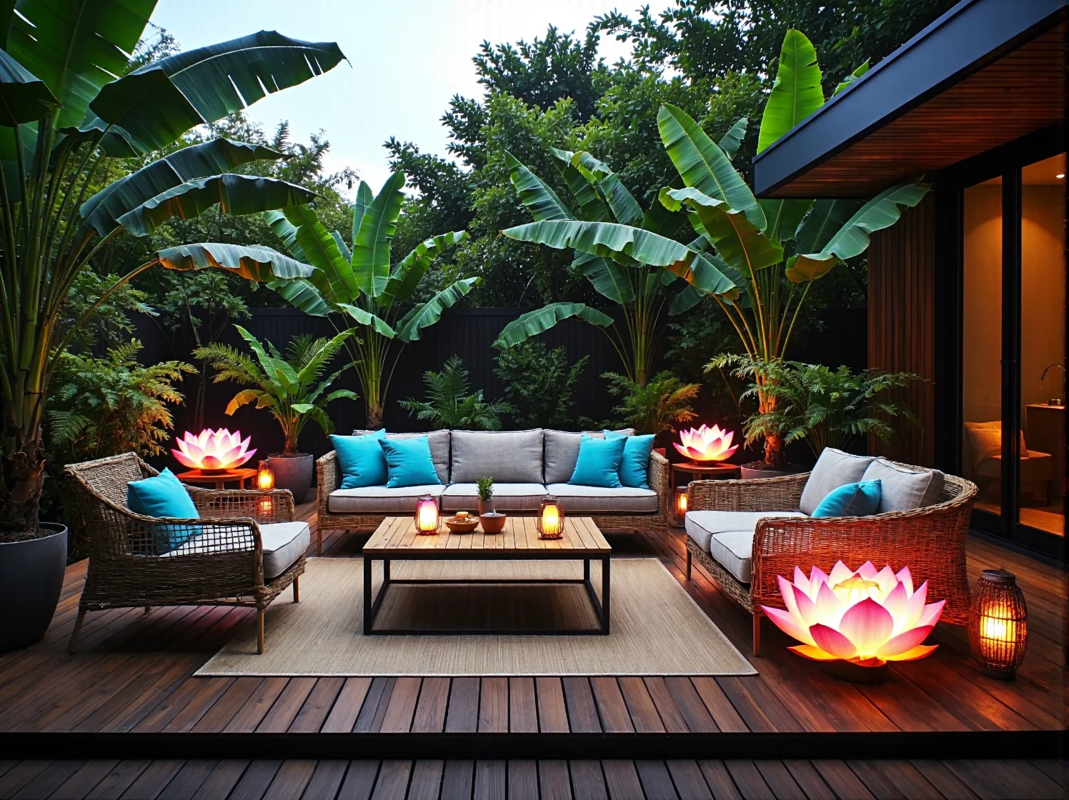 Rattanowy zestaw mebli ogrodowych z szarymi poduszkami i dekoracyjnym oświetleniem