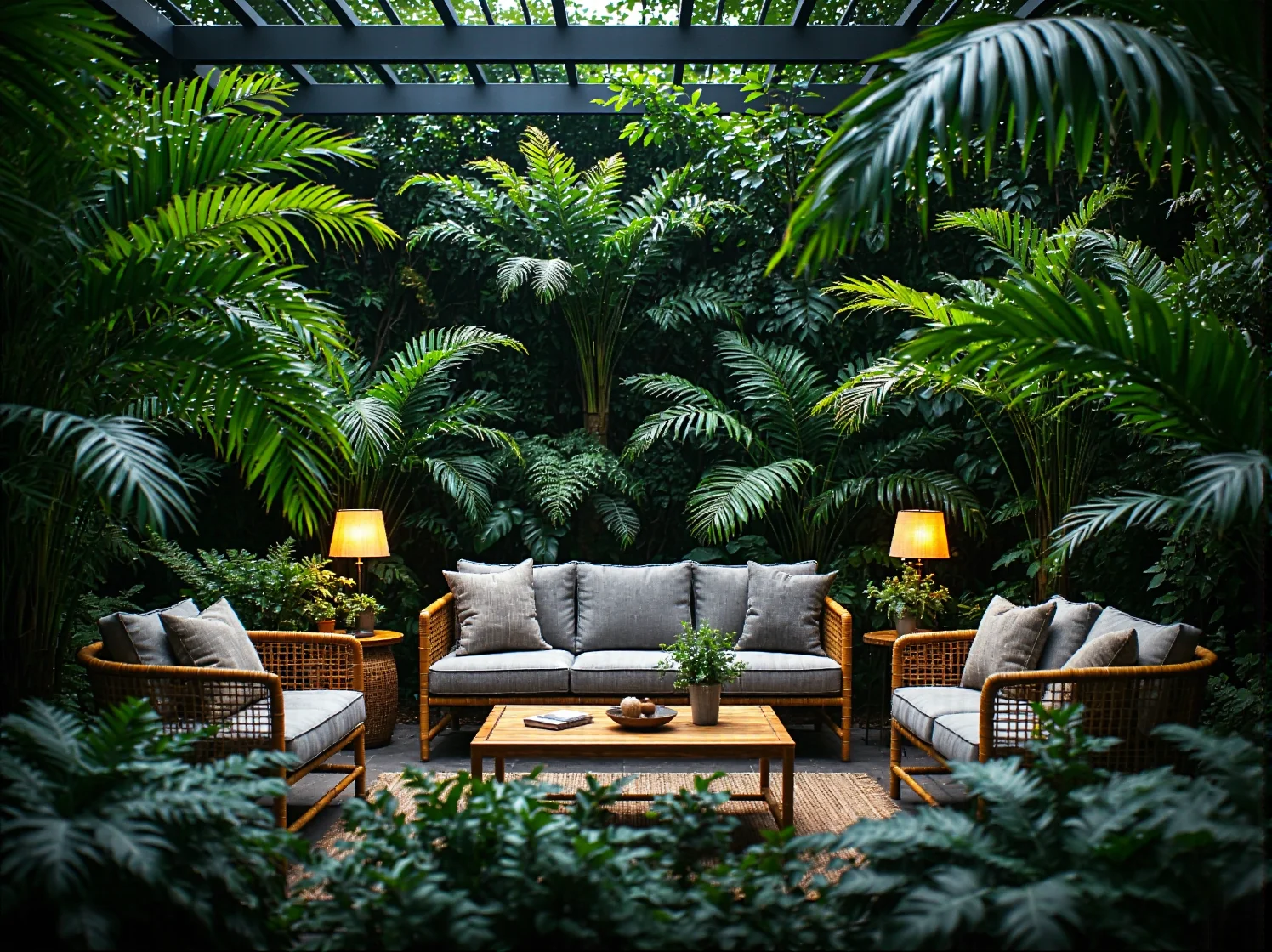 Rattanowy zestaw wypoczynkowy ogrodowy z szarymi poduszkami i stolikiem