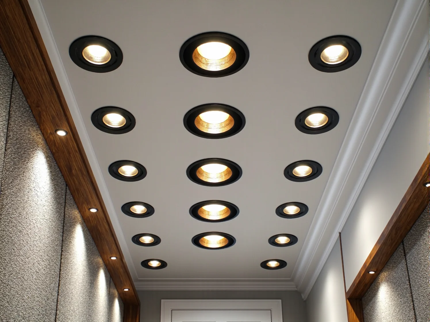 Czarne oprawy natynkowe LED zamontowane na suficie w jasnym przedpokoju w stylu modern