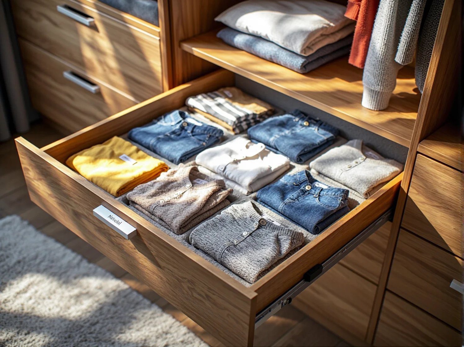 Wnętrze szafy dziecięcej z organizerami na ubranka, koszami na zabawki i niskim drążkiem.