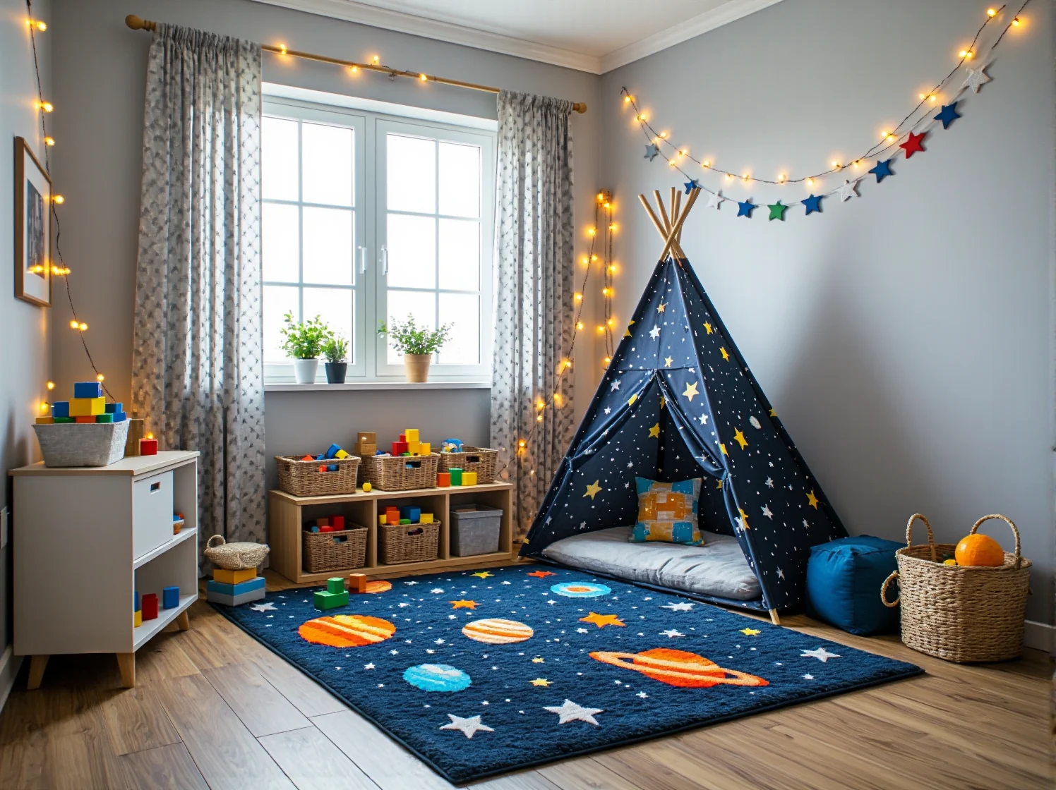 Lampa sufitowa w kształcie gwiazdy i projektor nocnego nieba w pokoju dziecięcym