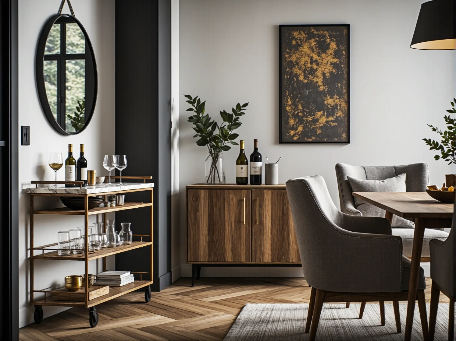 Kryształowy żyrandol w stylu glamour kontrastujący z surowym sufitem industrialnym.