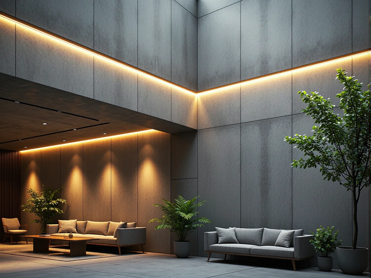 Minimalistyczne oprawy LED oświetlające betonową fasadę nowoczesnego domu