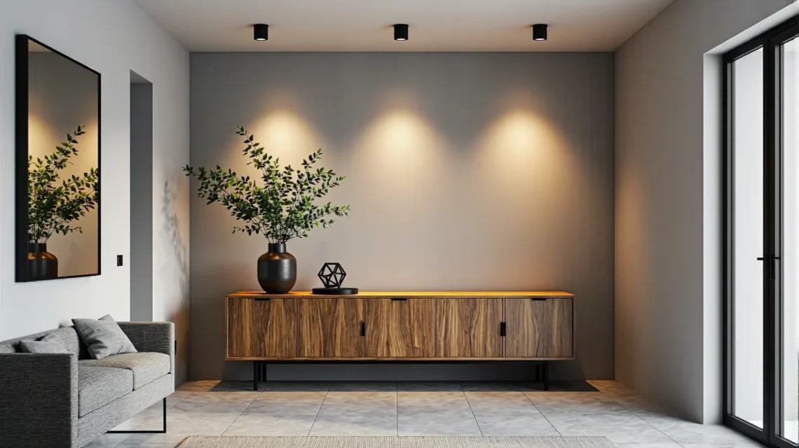 Niska komoda drewniana orzech na czarnych metalowych nóżkach