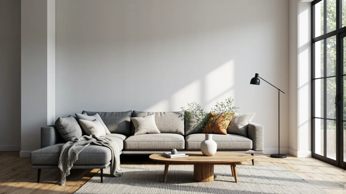 Szara sofa narożna w stylu skandynawskim z poduszkami