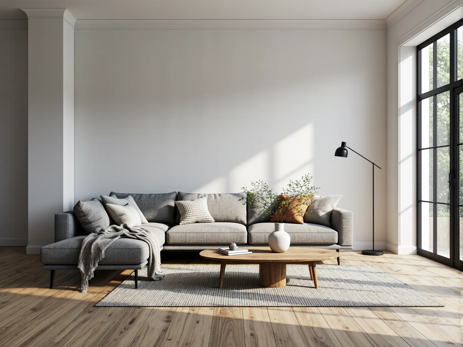 Szara sofa narożna w stylu skandynawskim z poduszkami