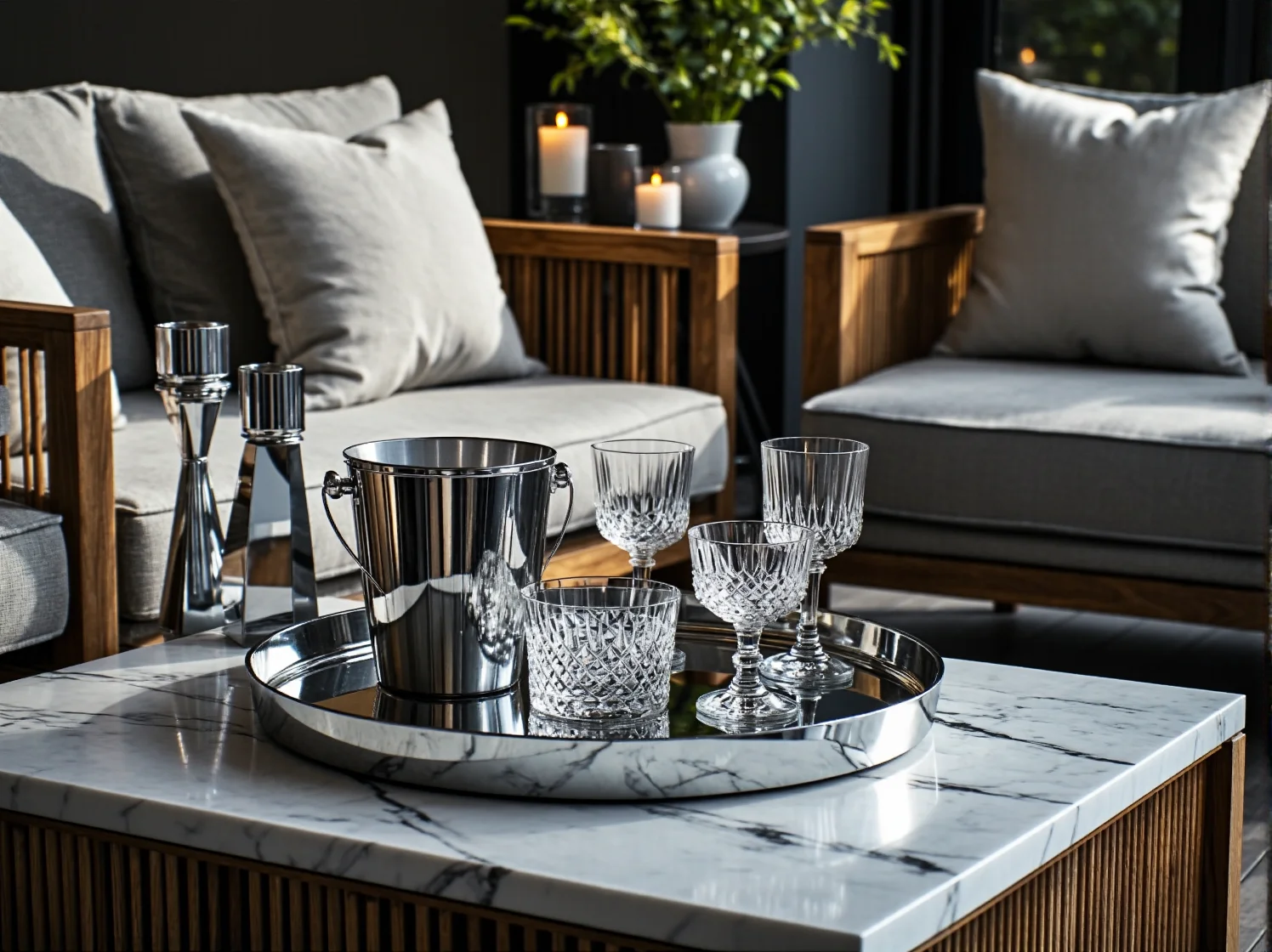 Złote lampy zewnętrzne i nastrojowe oświetlenie tarasu w stylu art deco.