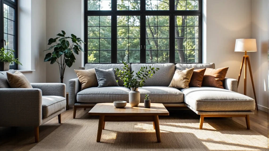 Szara sofa narożna z poduszkami i drewniany stolik kawowy