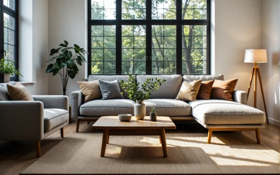 Szara sofa narożna z poduszkami i drewniany stolik kawowy