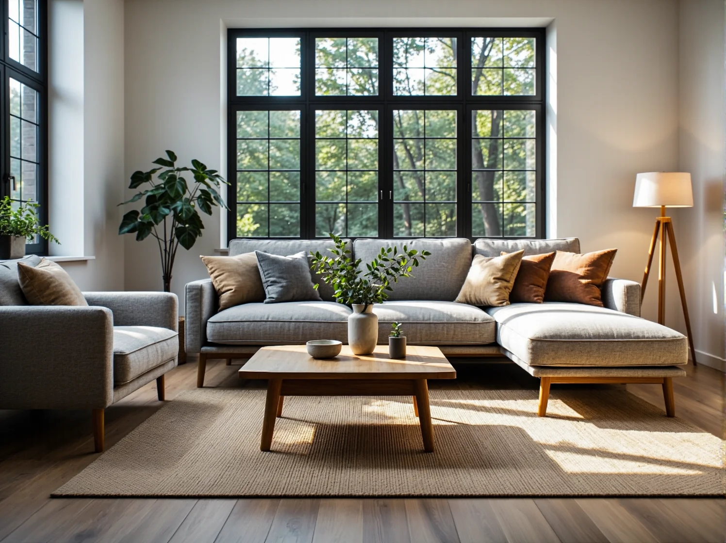 Szara sofa narożna z poduszkami i drewniany stolik kawowy