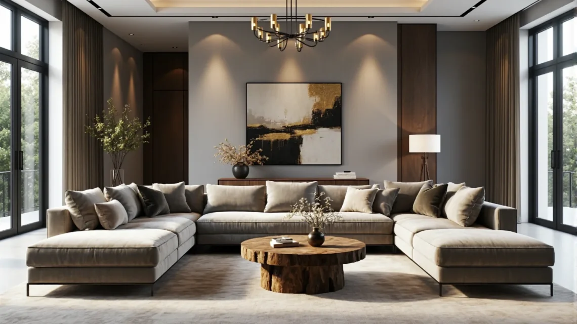 Ekskluzywna sofa narożna beżowa z poduszkami na metalowych nogach