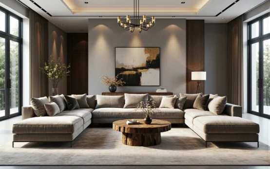 Ekskluzywna sofa narożna beżowa z poduszkami na metalowych nogach