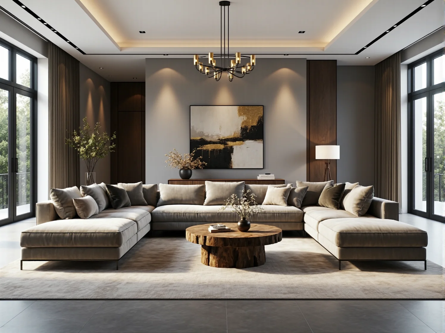 Ekskluzywna sofa narożna beżowa z poduszkami na metalowych nogach