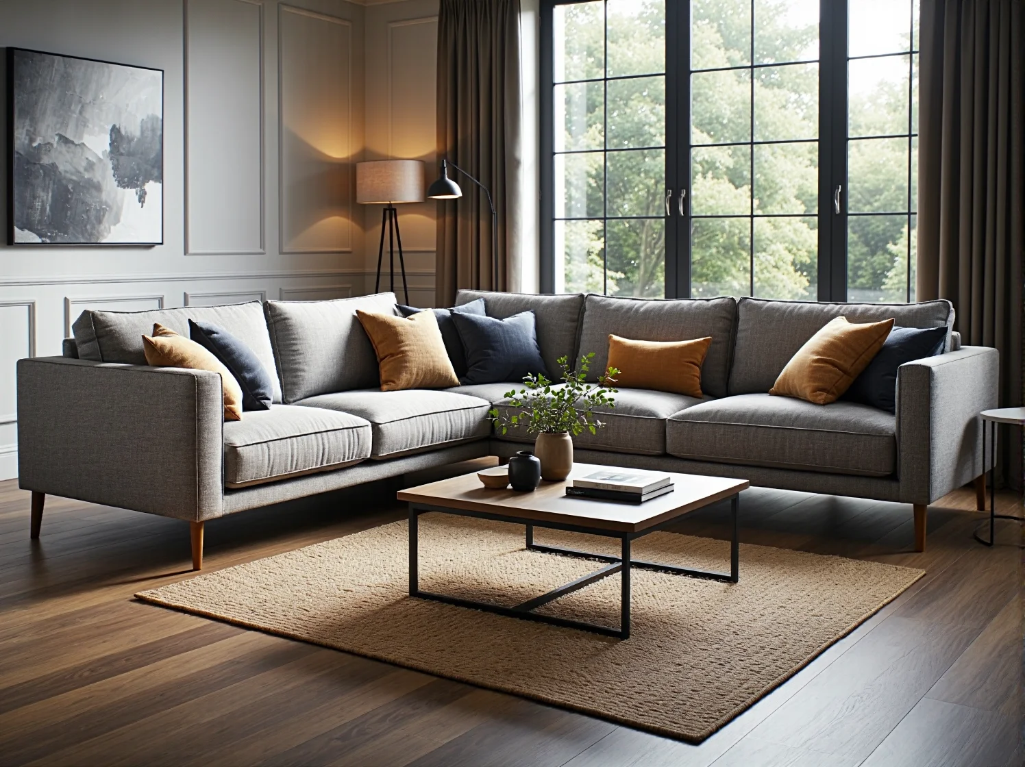 Narożnik tapicerowany szary z poduszkami dekoracyjnymi na drewnianych nóżkach