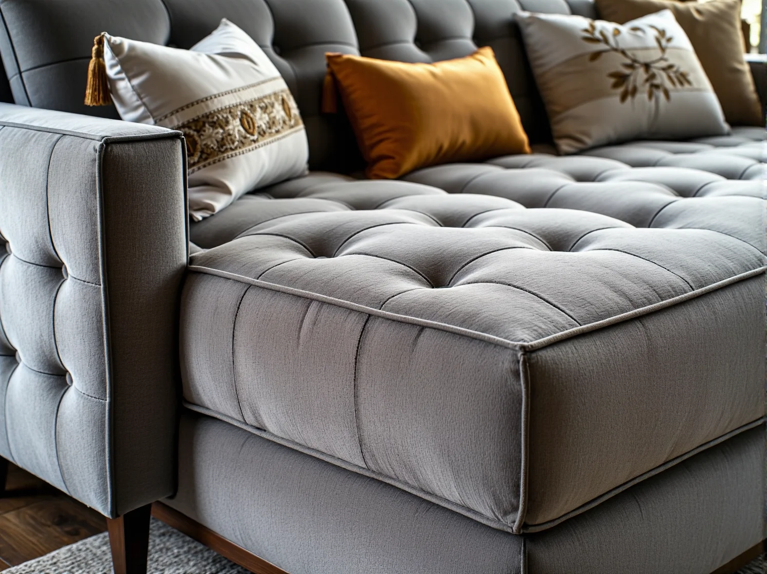 Szczegół pikowania chesterfield na oparciu beżowego narożnika w stylu glamour