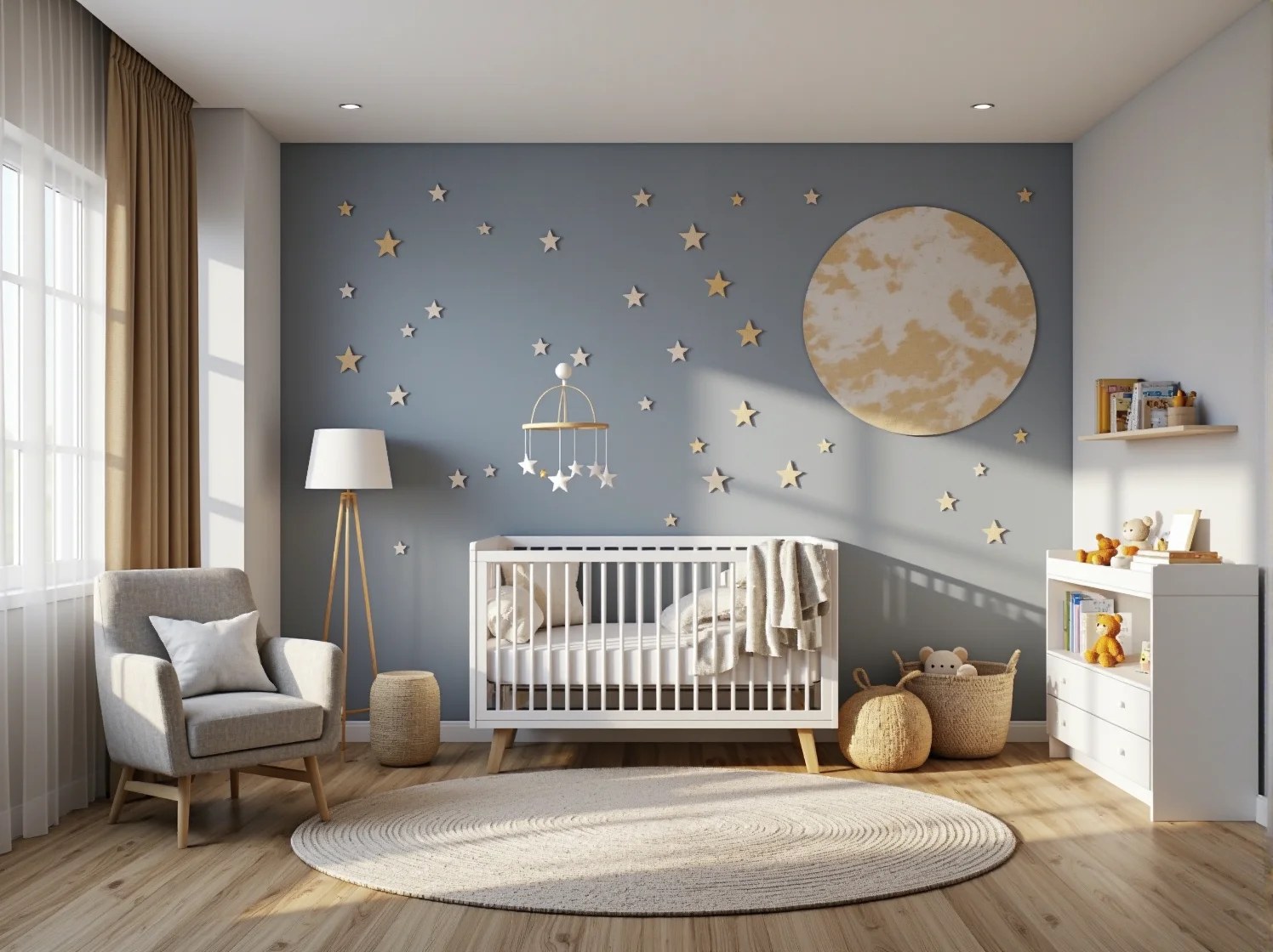 Białe łóżeczko niemowlęce na drewnianych nóżkach z karuzelą