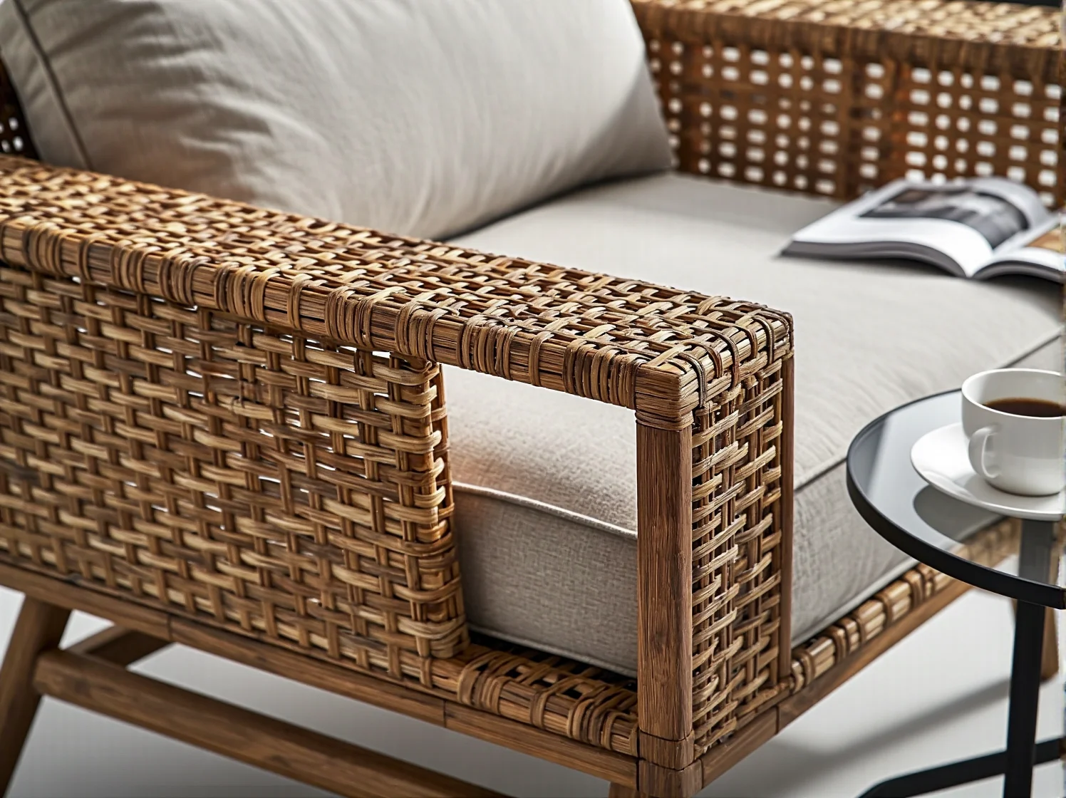 Zestaw wypoczynkowy z technorattanu zabezpieczony pokrowcem na zimę