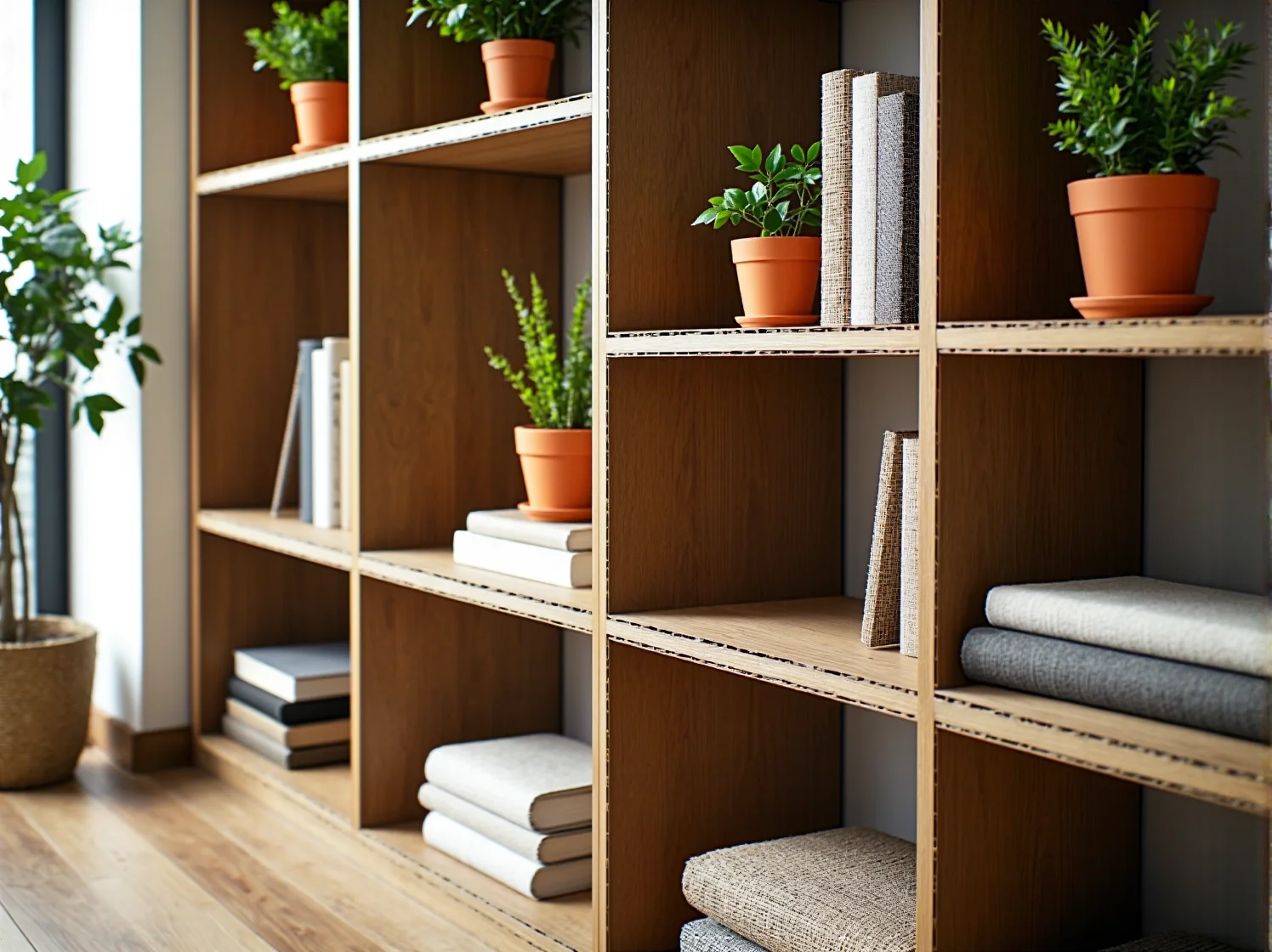 Jasne wnętrze z białym regałem z recyklingu wypełnionym książkami i roślinami, inspiracja do domu.