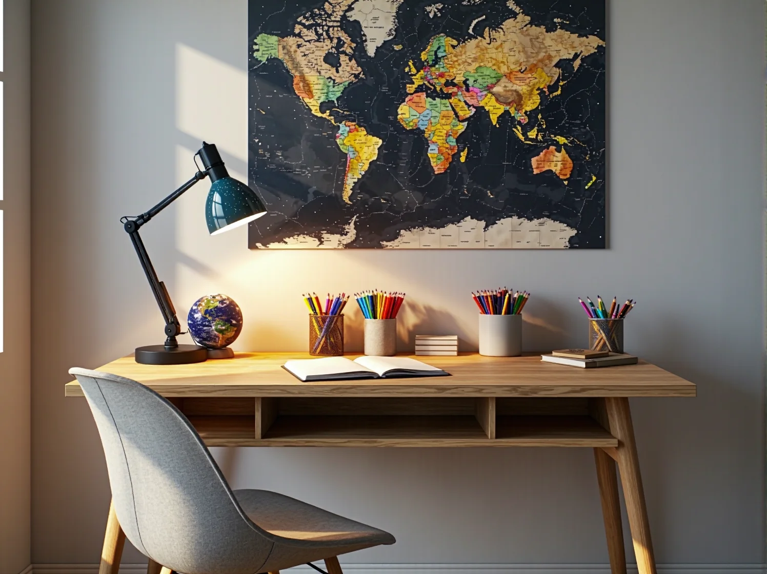 Pościel dziecięca w gwiazdki i poduszki dekoracyjne w kosmicznym stylu na łóżku