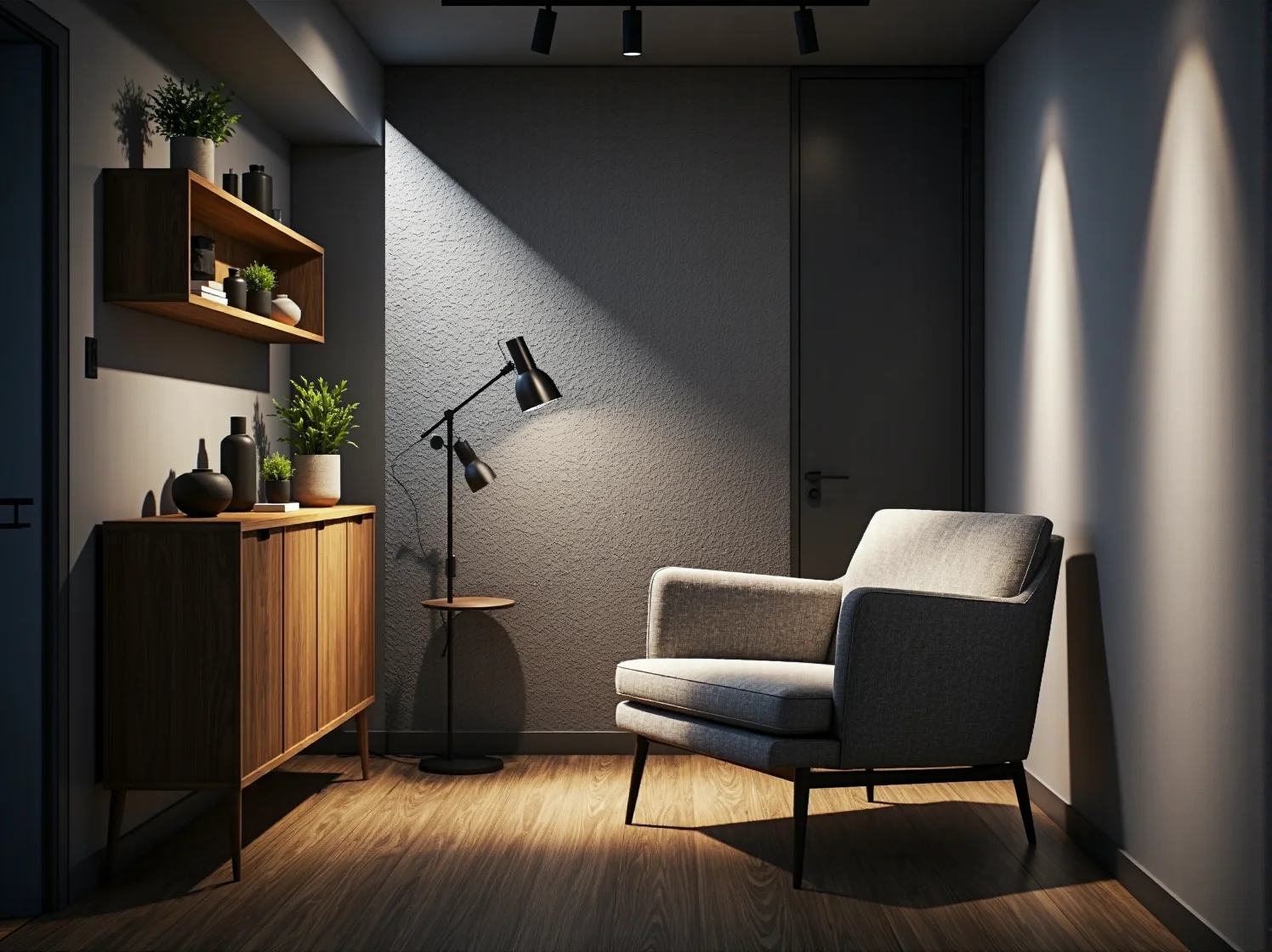 Reflektory szynowe w korytarzu skierowane na ściany z galerią zdjęć budujące klimat wnętrza