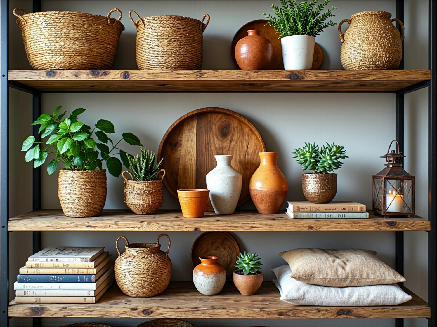 Czarny metalowy regał loft z makramami i plecionymi koszami w sypialni.