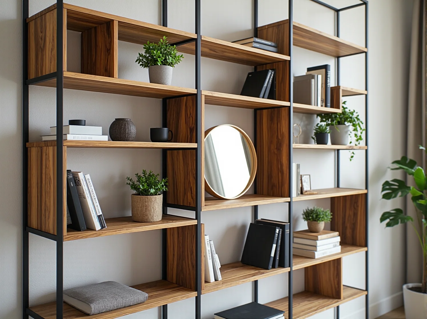 Regał modułowy z drewna z recyklingu pozwalający na oszczędność miejsca.