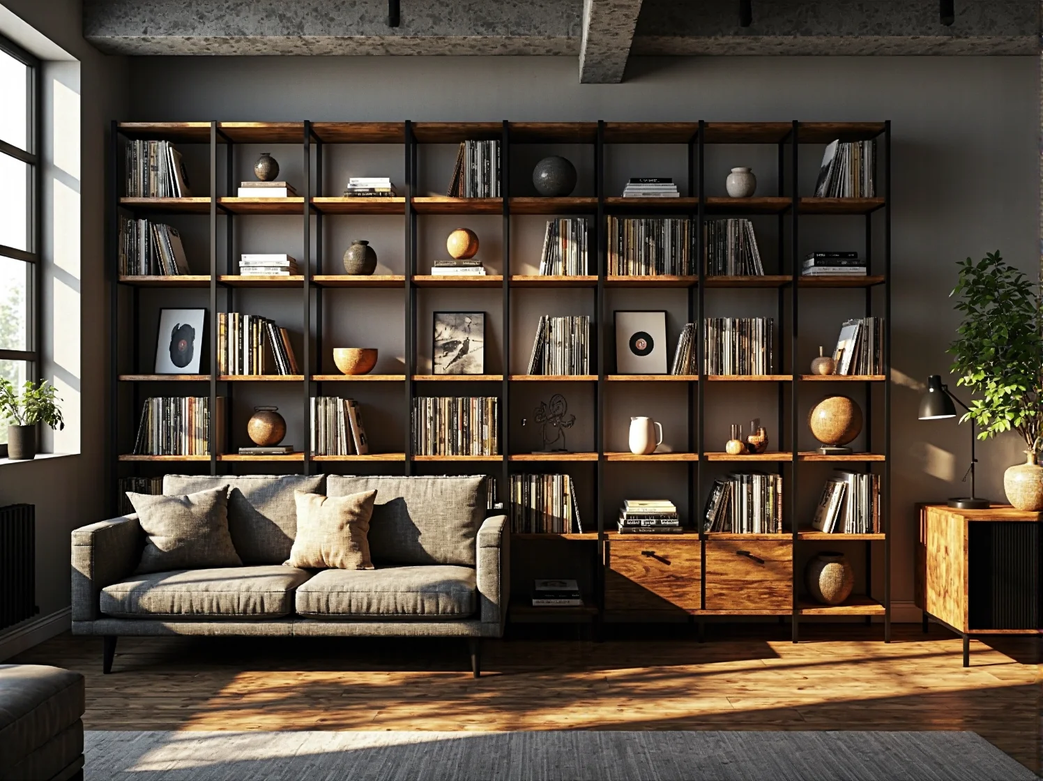 Minimalistyczny regał na książki w stylu loft z czarną metalową ramą