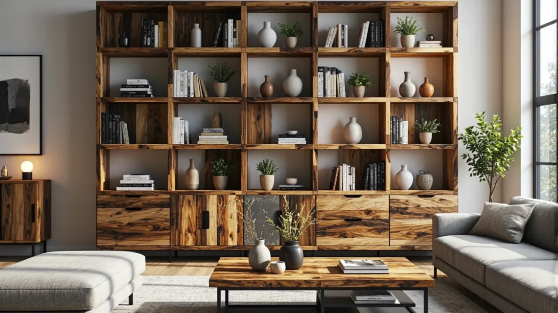 Duży regał na książki z drewna z recyklingu z szufladami
