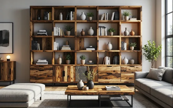 Duży regał na książki z drewna z recyklingu z szufladami