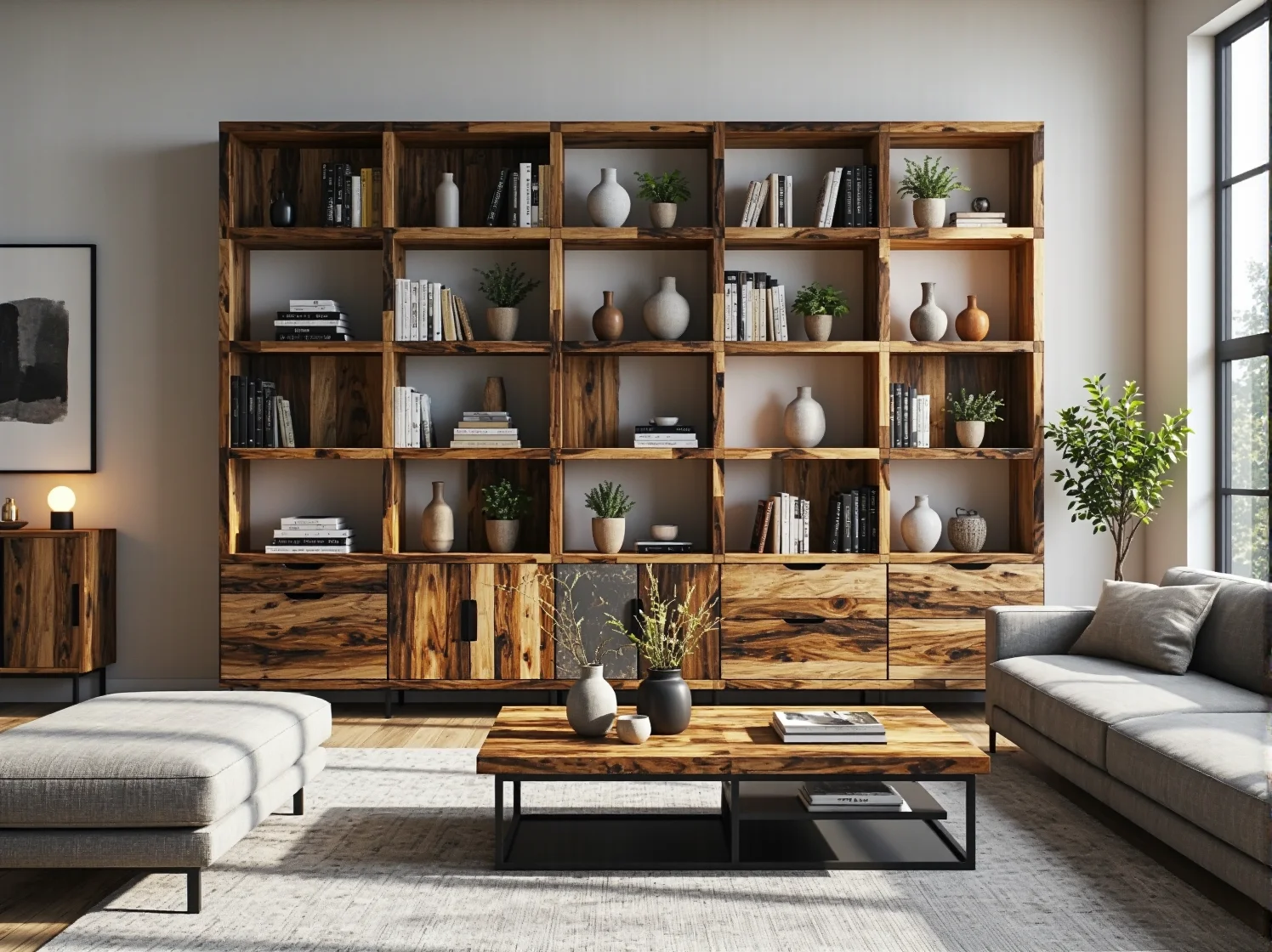 Duży regał na książki z drewna z recyklingu z szufladami