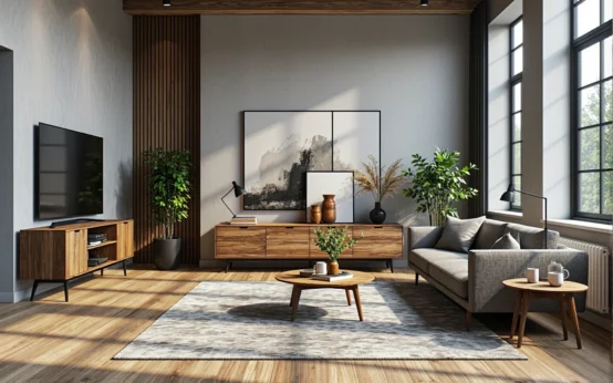 Niska szafka RTV orzechowa z szufladami na czarnych nóżkach