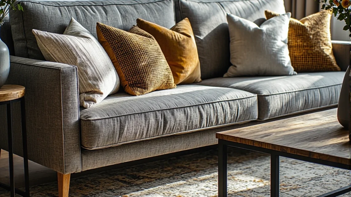 Szara sofa tapicerowana z drewnianymi nóżkami i poduszkami dekoracyjnymi