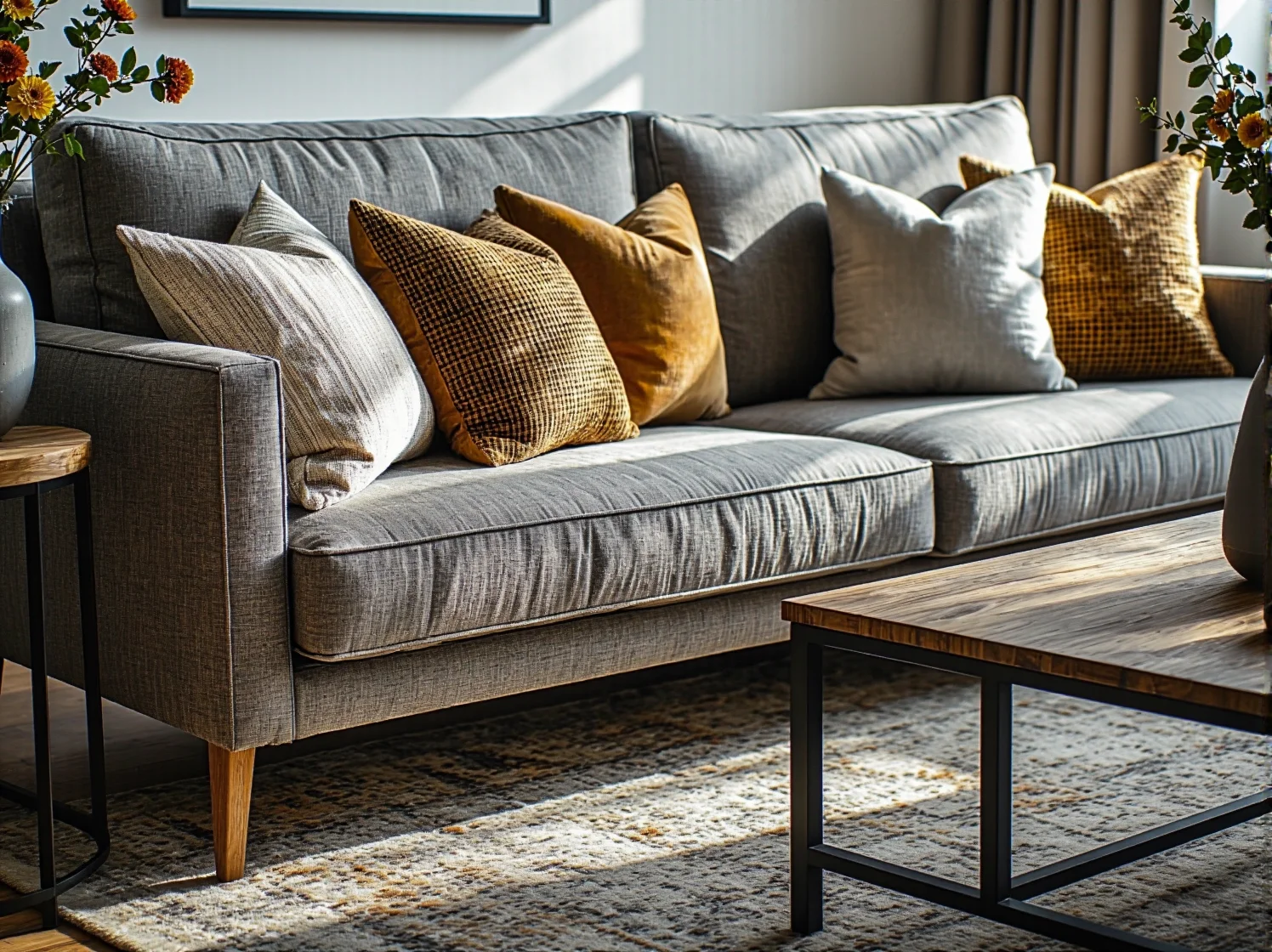 Szara sofa tapicerowana z drewnianymi nóżkami i poduszkami dekoracyjnymi