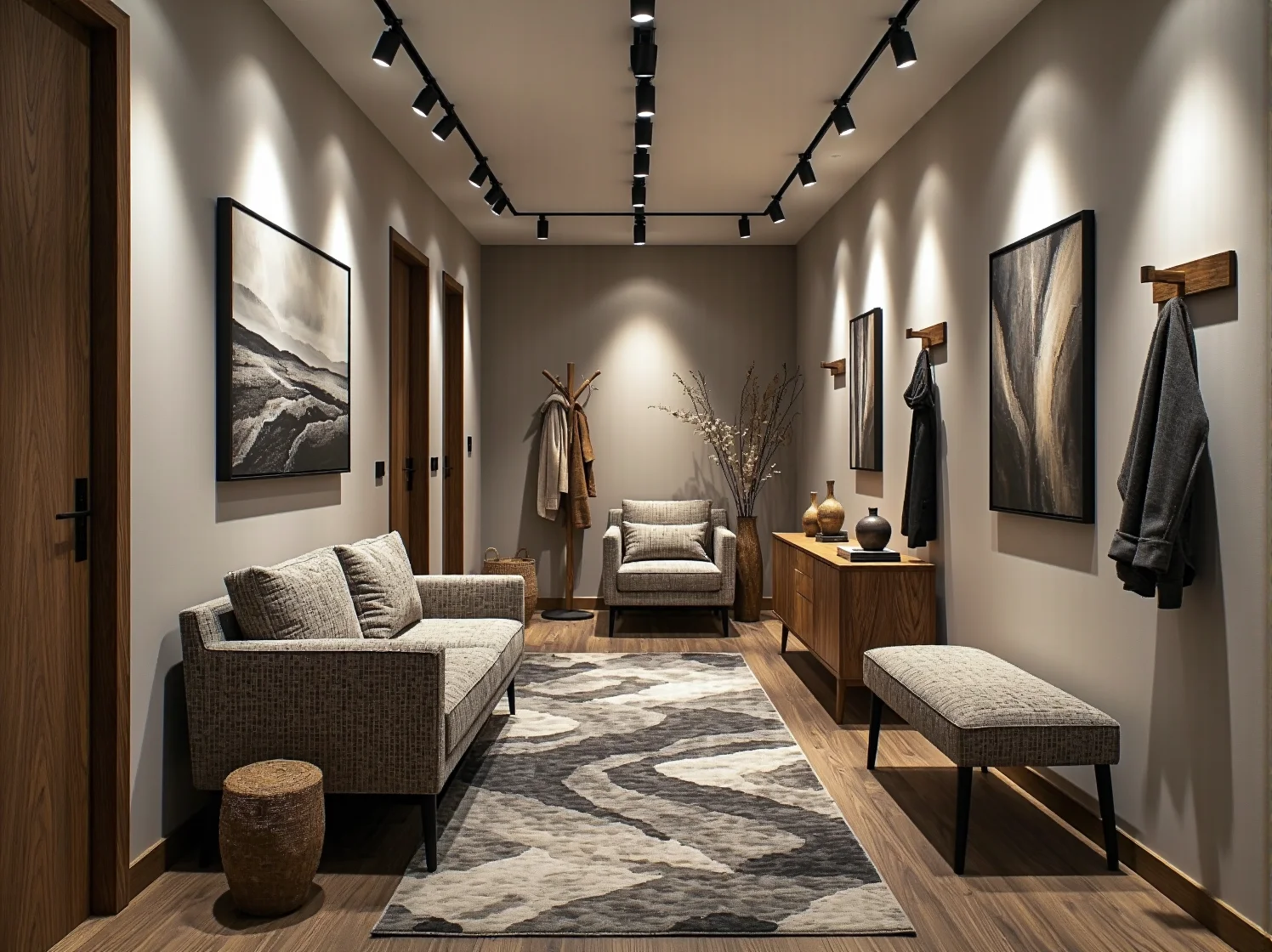 Oświetlenie punktowe nad lustrem i szafą w korytarzu zapewniające funkcjonalność strefy wejścia