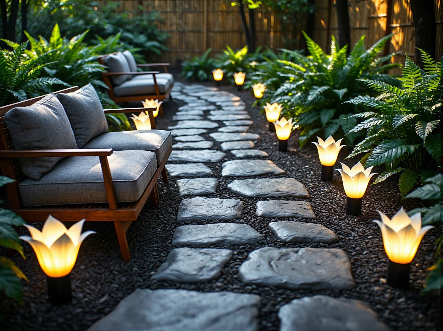 Kamienna ścieżka w ogrodzie dżungli oświetlona rzędem kolorowych lamp kwiatowych.