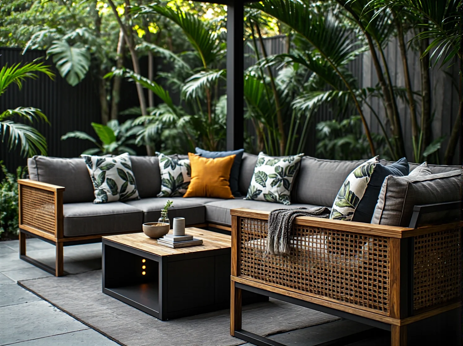 Minimalistyczne słupki LED oświetlające ścieżkę wśród egzotycznych roślin