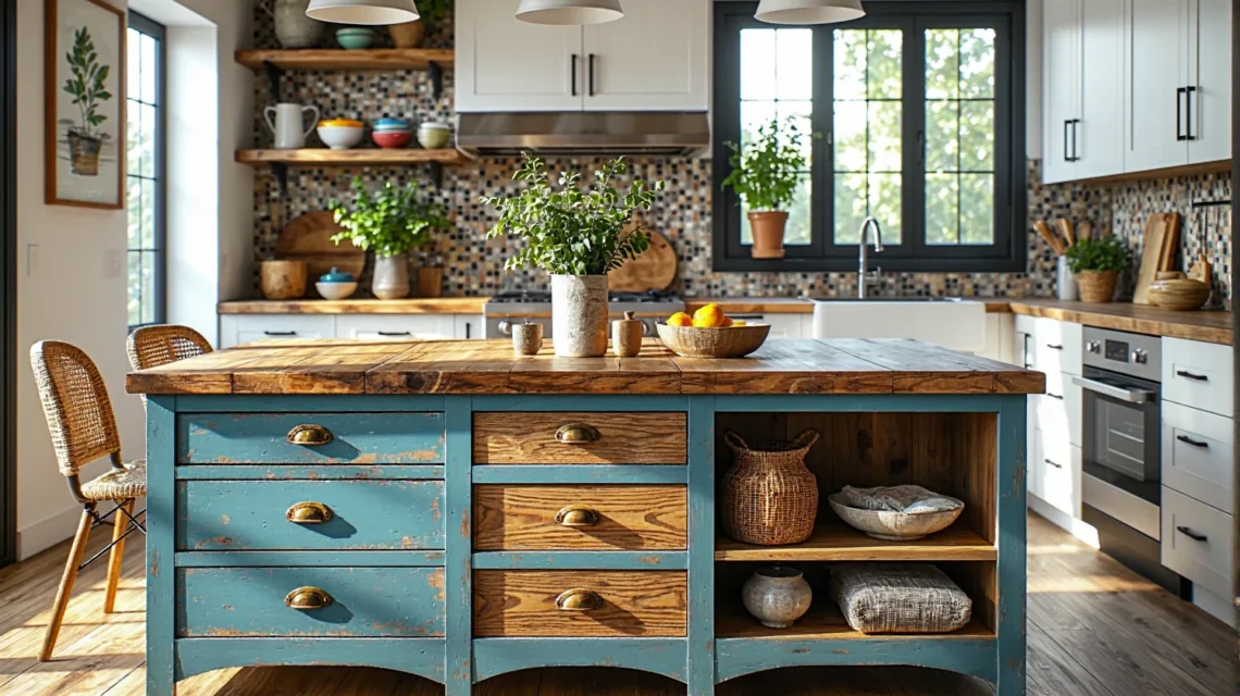 Rustykalna komoda wyspa kuchenna turkusowa z drewnianym blatem i szufladami