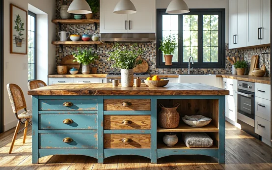 Rustykalna komoda wyspa kuchenna turkusowa z drewnianym blatem i szufladami