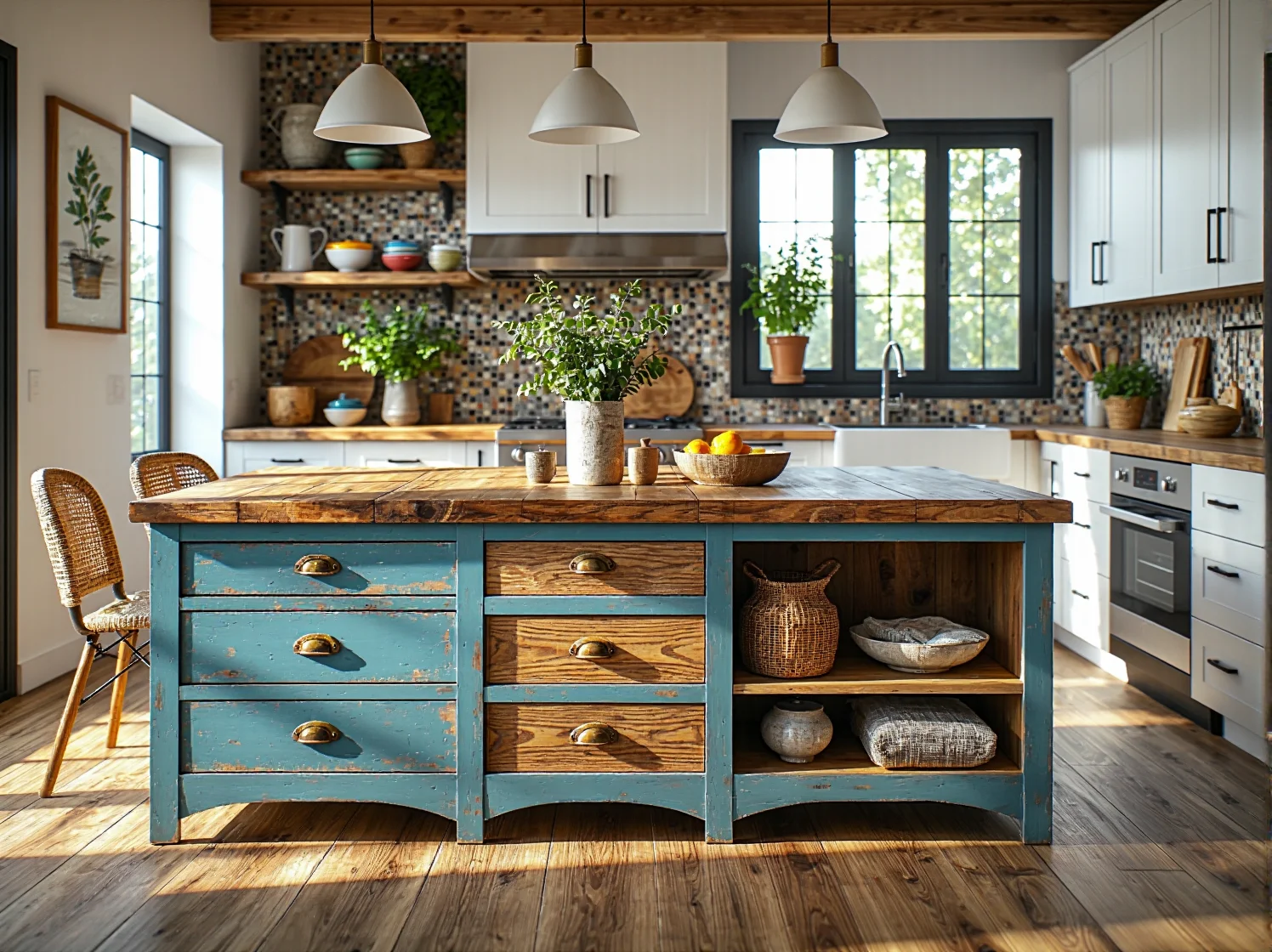 Rustykalna komoda wyspa kuchenna turkusowa z drewnianym blatem i szufladami