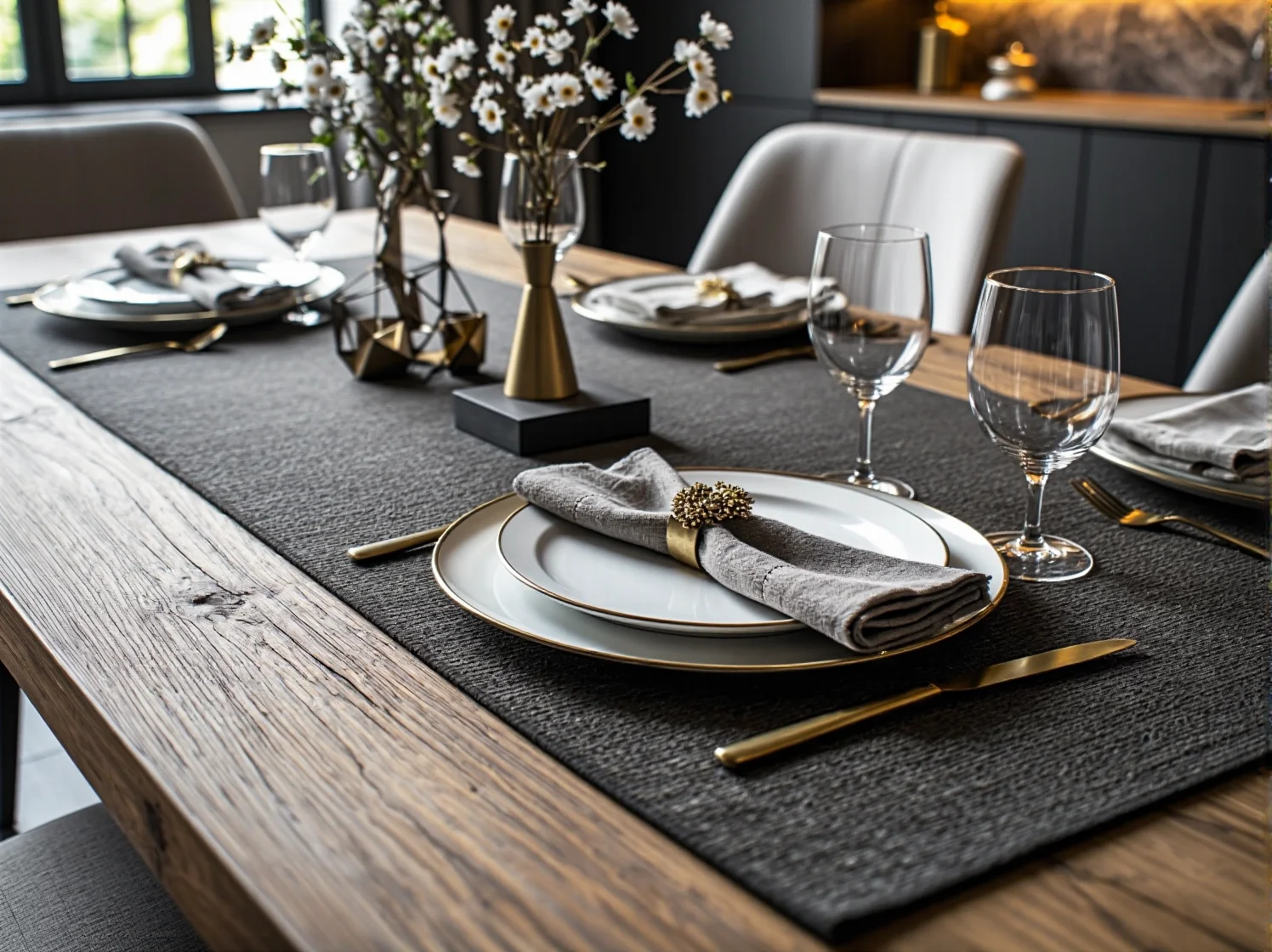 Masywny drewniany stół i welurowe krzesła w aranżacji jadalni loft glamour.